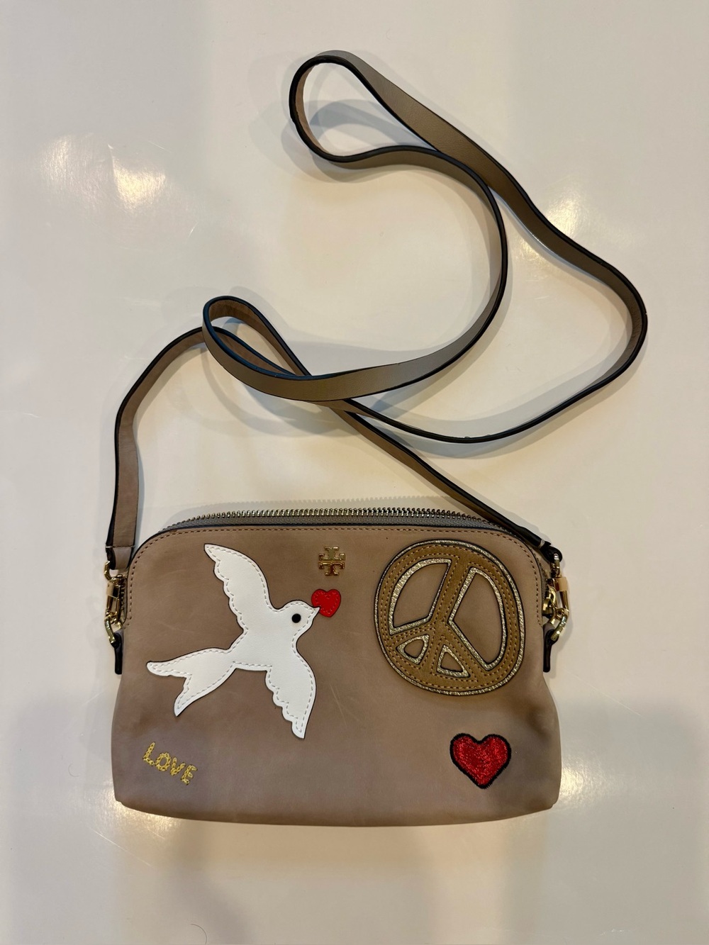 Tory Burch Taupe Leather Suede Crossbody with White Dove & Patch Accents